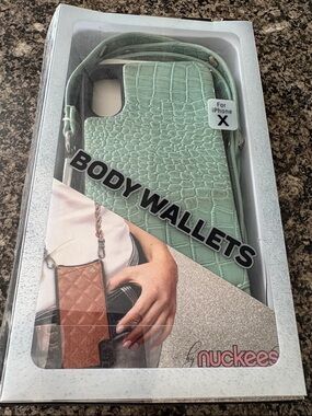 Mint Green Croc-Texture Body Wallet Case with Strap for iPhone X